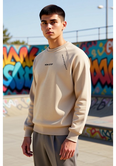 Benerly Erkek Bisiklet Yaka Reglan Kol Slogan Baskılı Regular Kalıp Sweat Vizon
