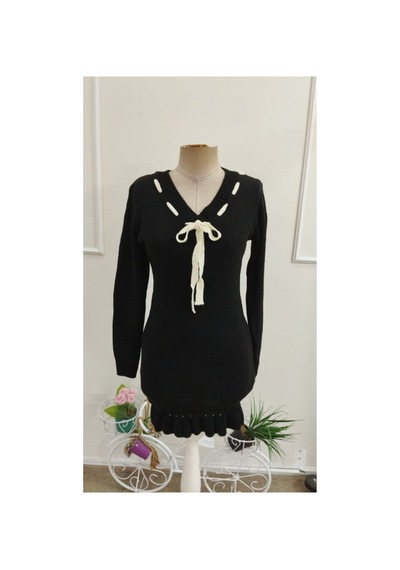 Butik İstanbul Kadın Uzun Kollu V Yakalı Yakadan Bagcıklı Kısa Triko Elbise Siyah