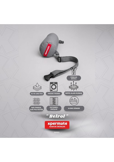 Belrol Bel Destek Yastığı Seyahat Sırt Bel Destek Minderi Yıkanabilir Kılıflı Antrasit