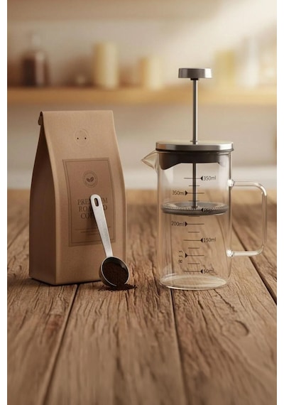 Paslanmaz Çelik Cam French Press 350 Ml - Ölçü Çizgili Filtre Kahve & Bitki Çayı Demliği Şeffaf