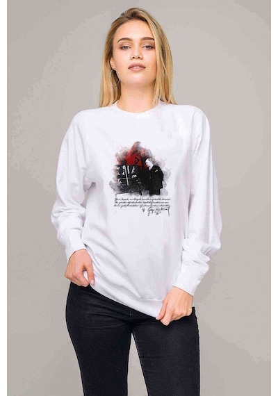 Öğretmenler Günü Ataturk Baskılı Beyaz Kadın Sweatshirt