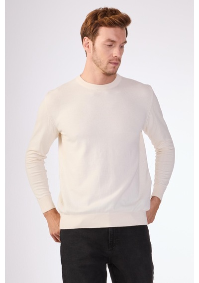 Dufy Ekru Bisiklet Yaka %100 Pamuk Düz Renk Slim Fit Erkek Triko Ekru