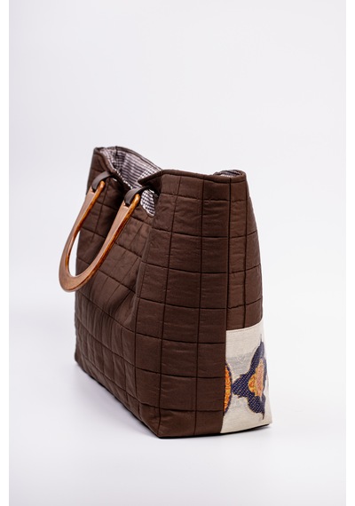 Fabric Craft Bag Ahşap Saplı El Çantası Kahverengi Kapitone 46x30 Cm Kahverengi