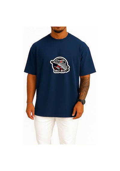 Bahriyeli Collection Oversize Sukhoi Su-57 Savaş Uçağı Göğüs Baskılı Unisex T-shirt Lacivert