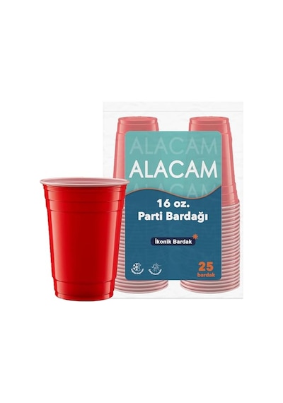 25 Adet İkonik Amerikan Parti Bardağı Kırmızı Plastik Bardak Tek Kullanımlık 16 Oz - 500 Ml Diğer