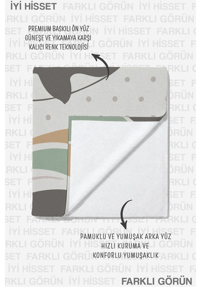 Balina Figürlü Çocuk Plaj Havlusu - Pastel Minimalist Unisex Hızlı Kuruyan Mikrofiber Havlu Serin Papatya
