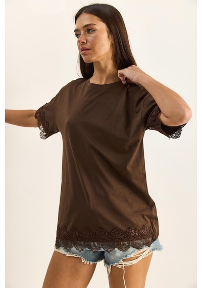Shade Kadın Bisiklet Yaka Dantel Detaylı Oversize T-shirt 2134 60286120 - Kahverengi