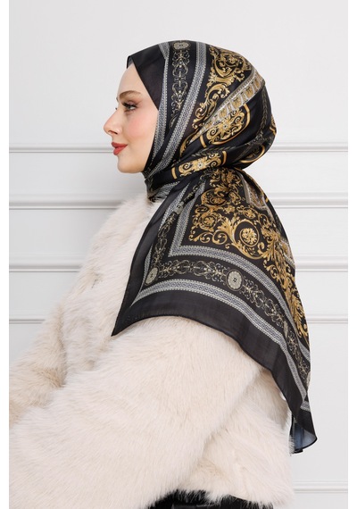 Sevitli Versace Desenli Hint İpeği Şal-siyah-4531