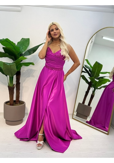 E&a Eren Abiye Kadın Kalp Yaka Derin Yırtmaçlı Saten Abiye Pembe