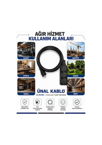 Ünal Kablo Sanayi Tipi Ağır Hizmet Uzatma Kablosu 35 Metre 3x2.5 Mm %100 Tam Bakır Seldur Kauçuk 3'lü Grup Priz Orel Kauçuk Fiş Ip54 Ip44 35 M