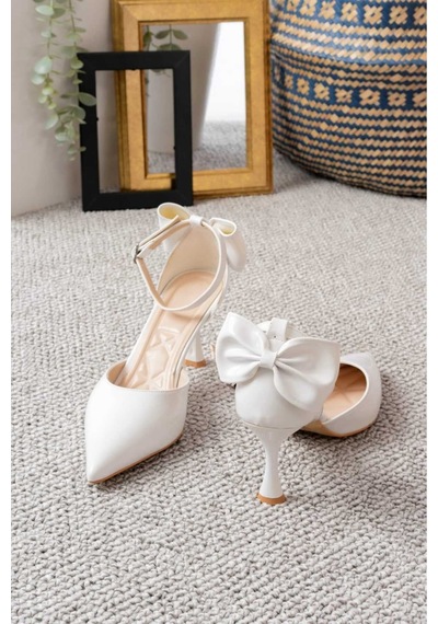 V.s.h Velvet Kadın Fiyonklu Abiye Rugan Topuklu 7cm Şık Ayakkabı-2240 Beyaz