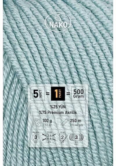 Elit Baby - 10482 Azur Yeşil - 5'li Paket - 100gr/250m - Bebek İpi - Anti Pilling Tüylenmez İp