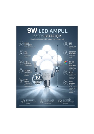 10 Adet 9w Led Ampul E27 Duy Beyaz Işık 6500k ,810 Lümen Enerji Tasarruflu Uzun Ömürlü Led Lamba Seti