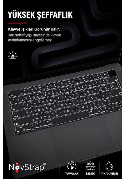 Novstrap Apple Macbook Pro 14 İnç M3 A3401 A3185 A3112 İle Uyumlu Türkçe Q Gri Füme Silikon Klavye Koruyucu Kılıf