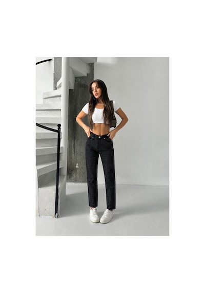 Bluemarlin Siyah Yüksek Bel Ön Bacak Taşlı Mom Jeans Kot Pantolon Siyah