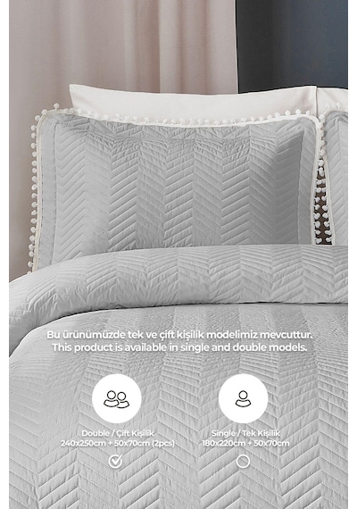 Evlen Home Ollie %100 Pamuk Yatak Örtüsü Pike Takımı Çift Kişilik Ponponlu Kapitone Günlük Gri
