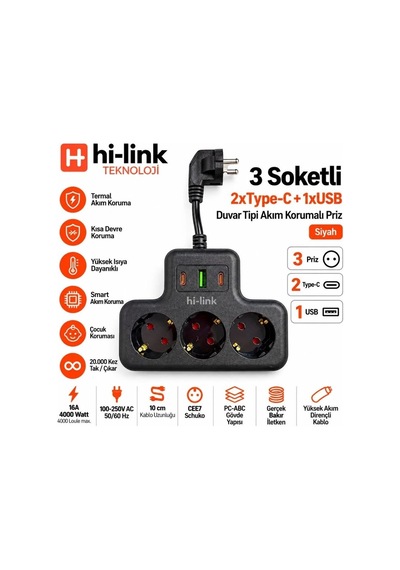 Hi-link 3 Soketli 2xtypec+1xusb Girişli Termal Akım Korumalı Priz - Siyah 0.25 CM