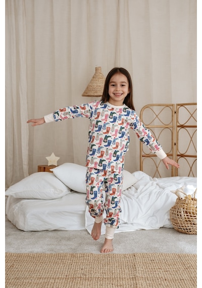 Kovboy Çizme Baskılı Color Shapes Çocuk Pijama Seti Krem