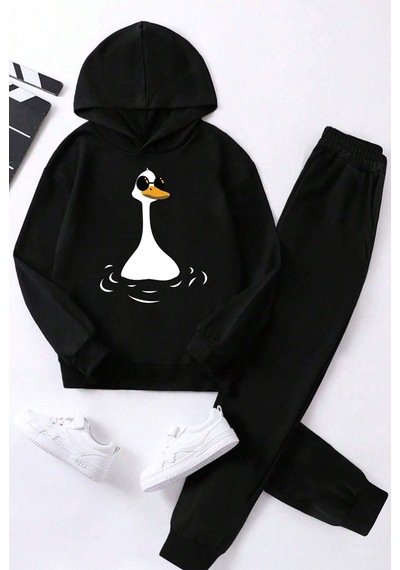 Uyguntarz Unisex Ördek Baskılı Çocuk Rahat Eşofman Takımı Siyah
