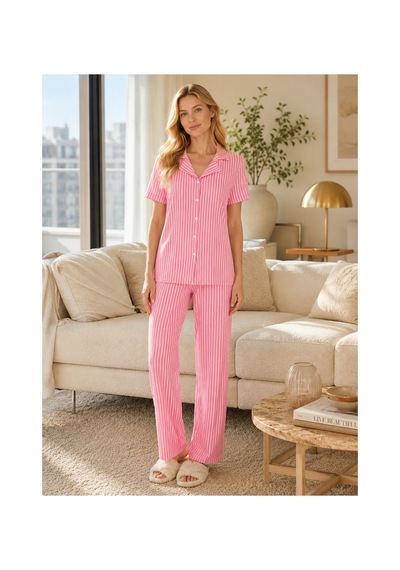 Rindahomewear Kadın Milan Çizgili Düğmeli Kısa Kol Pijama Takımı Pembe