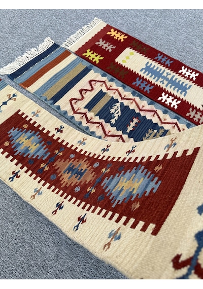 El Dokuma Dekoratif Kilim Seti 3 Adet Renkli %100 Yün Kilim