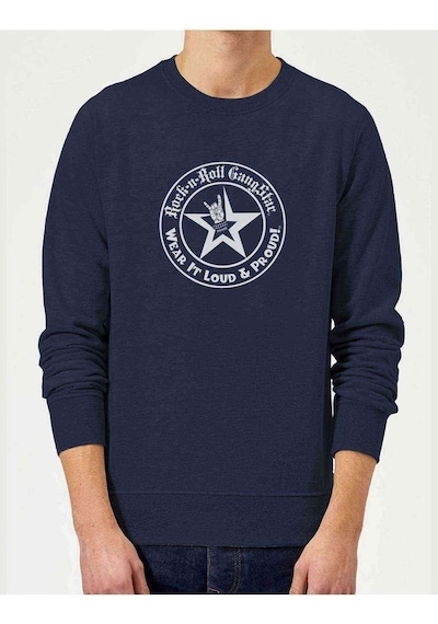 Rock'N Roll Baskılı Indigo Mavi Lacivert Erkek Örme Sweatshirt
