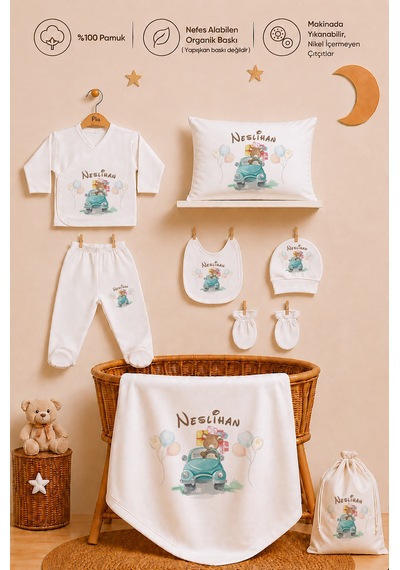 Pia Baby Kız Bebek Hastane Çıkışı 12 Parça %100 Pamuk İsme Özel Organik Baskılı Kese Hediyeli 208411k3x Ekru
