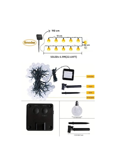 Güneş Enerjili 50 Led 7 Metre Günışığı Sarı Renk Dış Mekan Bahçe Teras Ağaç Led Işık 8 Modlu Sarı Günışığı
