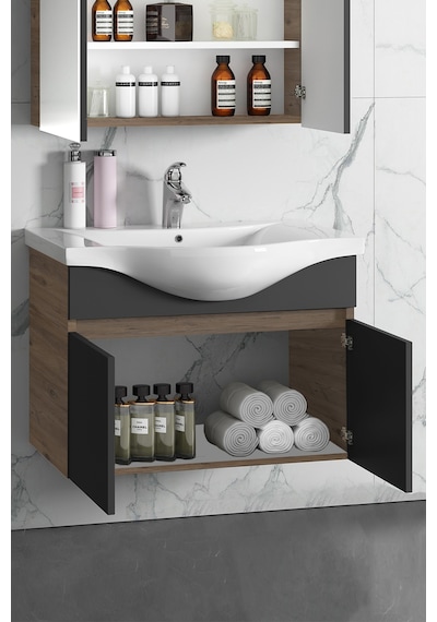 80 Cm Atlantik Çam-Antrasit Gri Mat Mdf Lavabolu Banyo Alt Dolabı Antrasit - Atlantik Çam