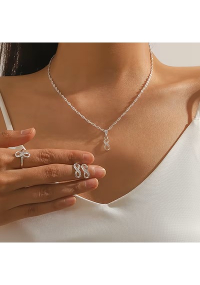 Sonsuzluk Kolye, Küpe Yüzük Set, Nişan Özel Gün Sevgililer Günü Gümüş
