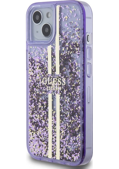 Apple Uyumlu iPhone 15 Kılıf Guess Lisanslı Transparan Sıvılı Simli Altın Çizgili Kapak Mor