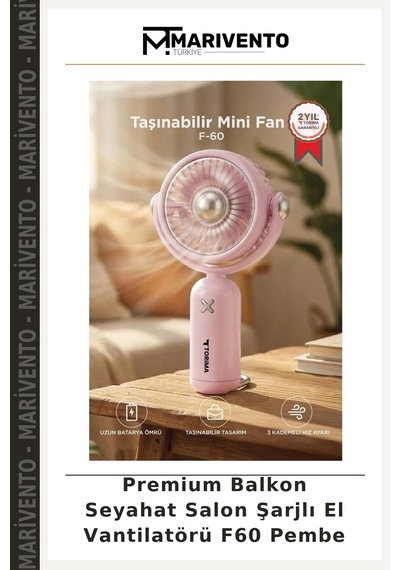 Premium Balkon Seyahat Salon Şarjlı El Vantilatörü F60 Pembe