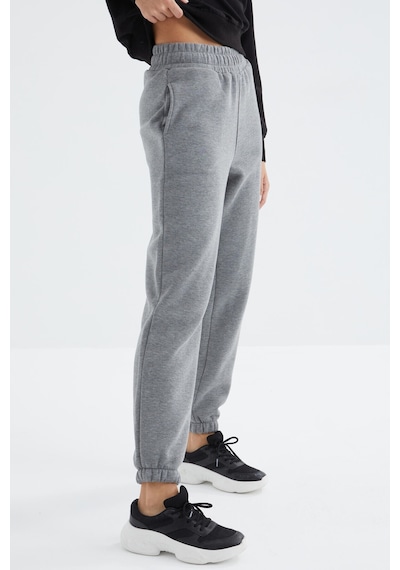 Tommy Life Gri Melanj Yüksek Bel Şardonlu 3 İplik Pamuklu Basic Kadın Eşofman Alt - 94624 GRİ MELANJ