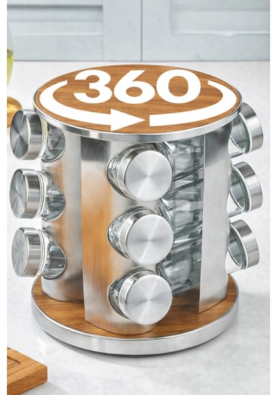 Makri Home 12 Li Ahşap Krom Yuvarlak Döner Baharatlık, 360 Paslanmaz Stantlı, 118 Ml Cam Kavanoz, 19 X 23 Cm Ahşap