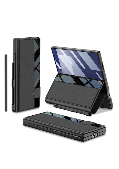Samsung Uyumlu Galaxy Z Fold 7 Kılıf Aynalı Akıllı Şık Tasarımlı Suni Deri Mıknatıslı Katlanabilir Kapak Siyah