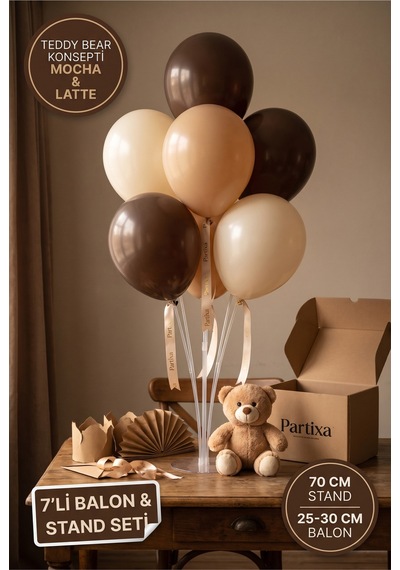 Teddy Bear Ayıcık Konsepti Balon Standı Seti 70 Cm Masa Standı 7 Adet Mat Lateks Balon Kahve Krem Çok Renkli