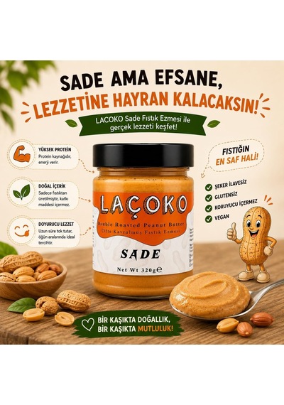 Laçoko 320 Gram Şekersiz, Katkısız, Glutensiz, Vegan, Doğal Çifte Kavrulmuş Yer Fıstığı Ezmesi 320 Gram Diğer