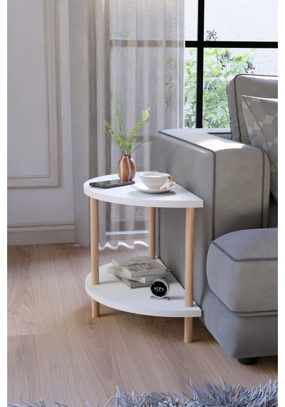 Modern Ahşap İki Raflı Koltuk Yanı Sehpa Çevirmeli Kurulum Salon Yan Sehpası Beyaz