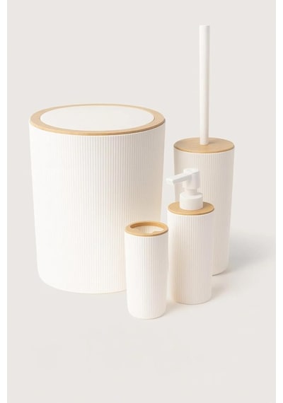 Quardi Banyo Seti Modern Çizgili - 7 Litre Kova 4 Parça Banyo Çöp Kovası Seti Beyaz