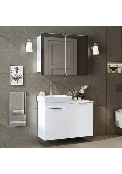 Dubai Sepetli Mdflam Banyo Dolabı, Lavabolu Banyo Alt Dolabı + Aynalı Banyo Üst Dolabı Takımı Beyaz