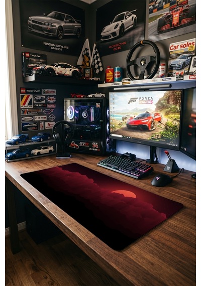 Kızıl Ay Dağlar Gaming Mousepad Xxl 90x40 Cm Kaymaz Taban Dikişli Kenar Kırmızı Siyah Oyuncu Masa Pedi