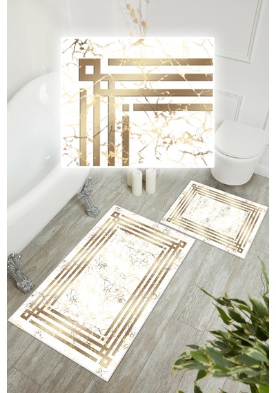 Dijital Baskı Mermer Desenli Kaymaz Taban 2li Set Banyo Paspası Klozet Takımı 50x60cm-60x100cm Gold