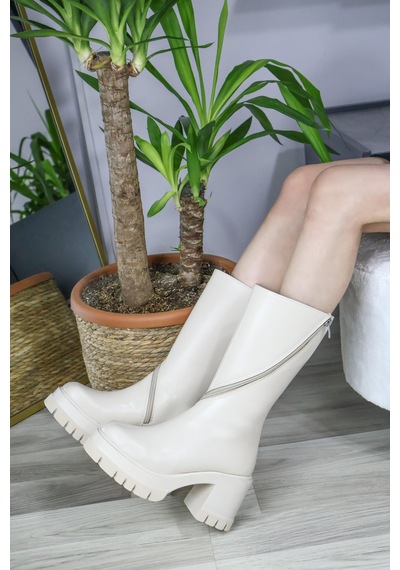 Asmi Shoes Kadın Liva Döner Fermuarlı 8 Cm Topuklu Bot Krem Krem