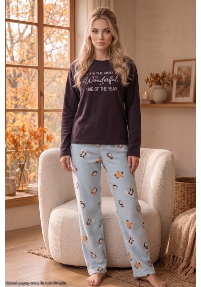 Siyah İnci Mürdüm Nakışlı Alt-üst Polar Kışlık Örme Pijama Takım 26222129 Siyah İnci Mürdüm Nakışlı Alt-üst Polar Kışlık Örme Pijama Takım 26222129