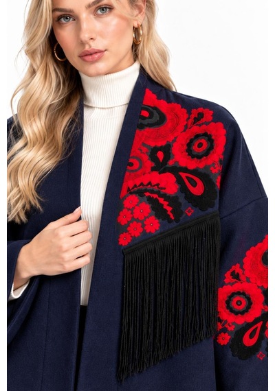 Saade Lacivert Etnik Çiçek Nakışlı Püsküllü Kimono Ceket