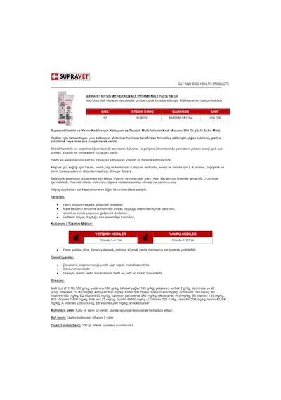 Supravet Hamile ve Yavru Kediler İçin Kalsiyum ve Taurinli Multi Vitamin Kedi Macunu 100 G