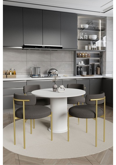 Avvio Elizya Ptt Lake Mdf Ayak 4'lü Teddy Sandalye 90x90 Masa Sandalye Takımı Sandalye Bukle Kumaş Beyaz