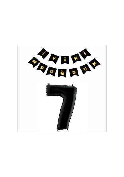 7 Yaş Siyah Folyo Balon+ Siyah Gold Banner