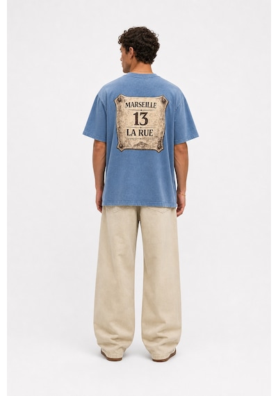 Respire Erkek Marseille Baskılı Yıkamalı Oversize T-shirt Bebe Mavi Bebek Mavisi