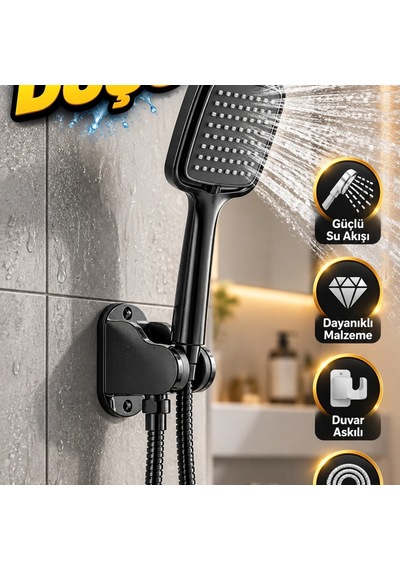 Siyah El Duşu Seti Spiral Hortum Ve Duvar Askılı Banyo Duş Takımı Çok Renkli